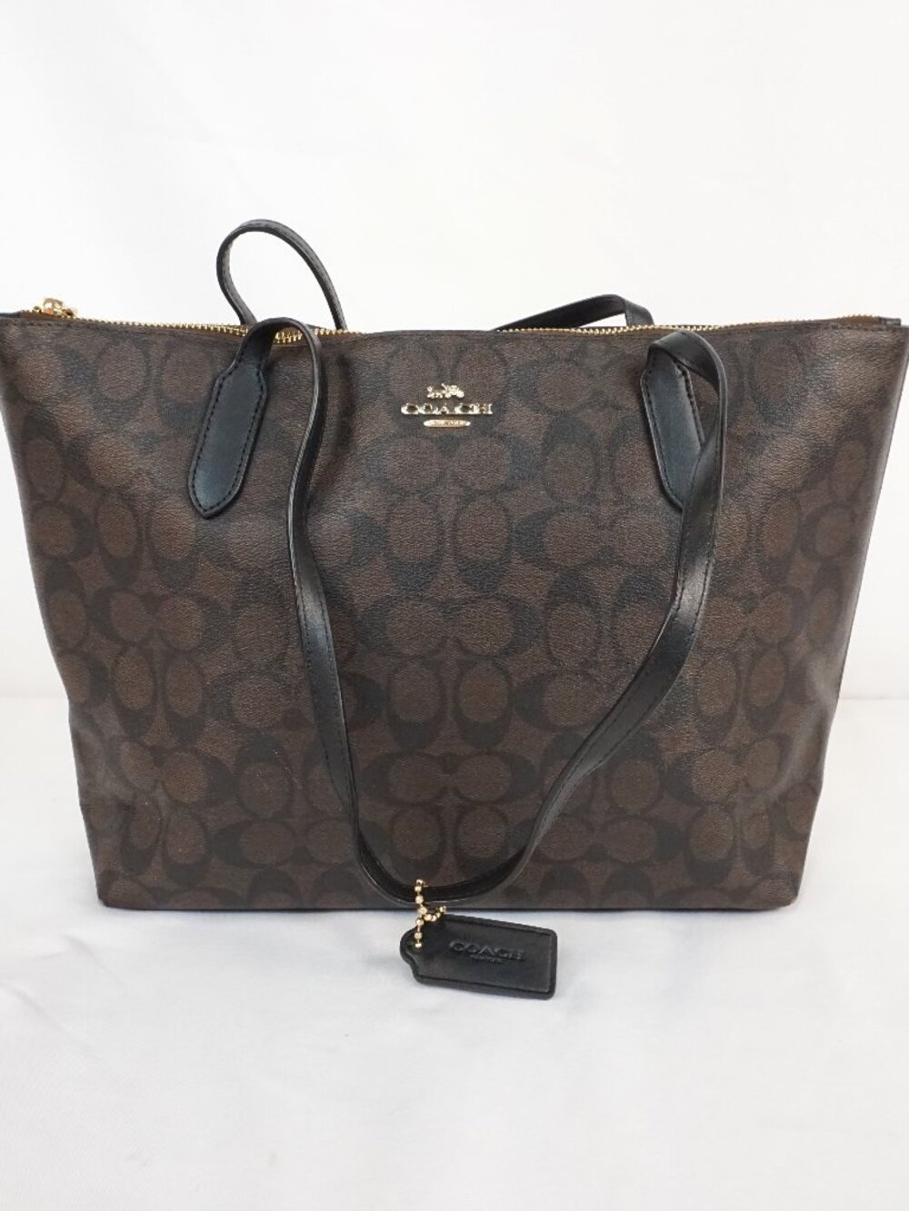 Coach Zip Top Coated Canvas Tote Bag in Dark Brown/Black w/ Gold Hardware (4455)